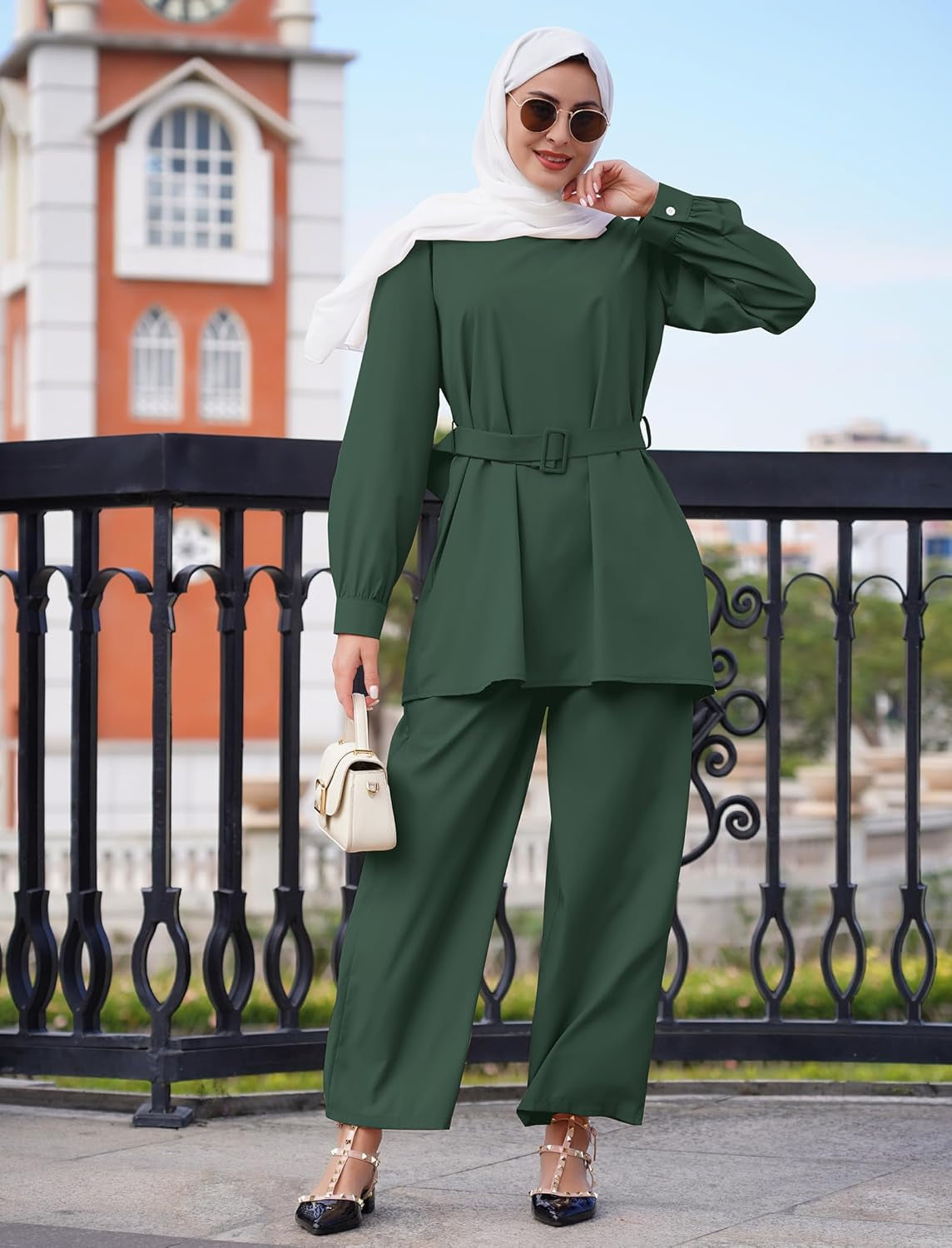 Abayas for Women Muslim 2 Pieces Set Long Sleeve Loose Top Pants Eid Ramadan Dubai Islamic Muslim Clothes with Belt