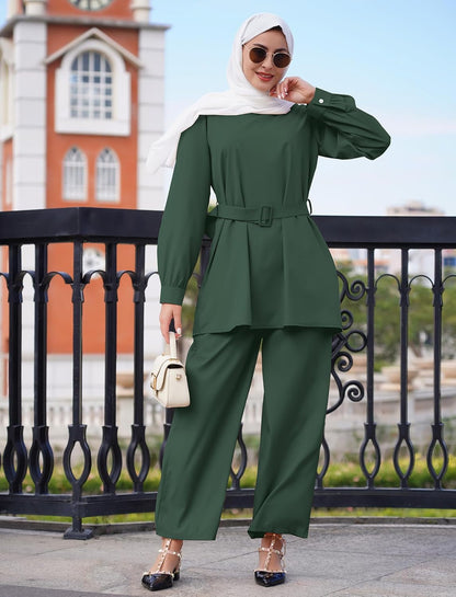 Abayas for Women Muslim 2 Pieces Set Long Sleeve Loose Top Pants Eid Ramadan Dubai Islamic Muslim Clothes with Belt