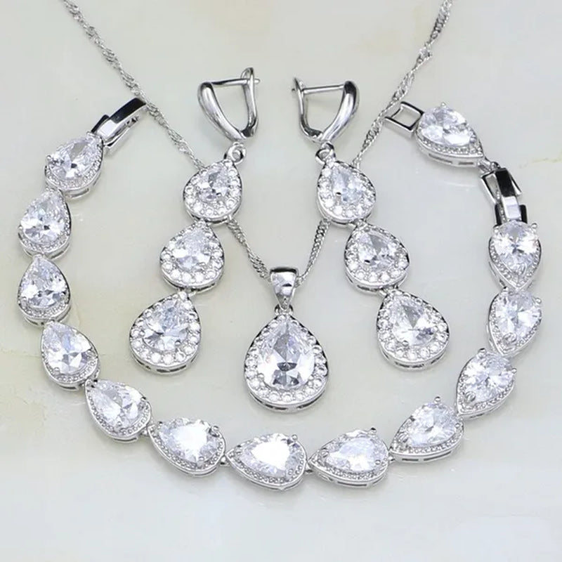 Trendy Water Drop Blue Sapphire White Topaz 925 Sterling Silver Jewelry Sets Women Wedding Earrings/Pendant/Necklace/Bracelet