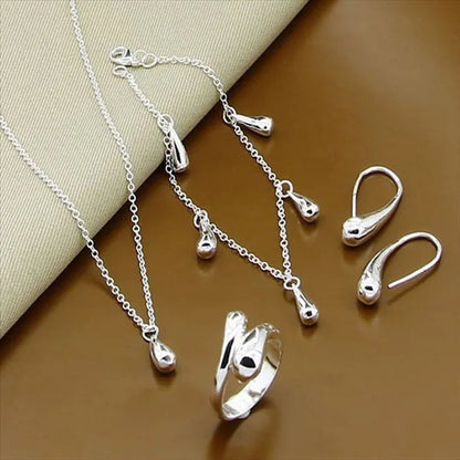 Jewelry Set 925 Sterling Silver Fashion Water Drop Small Necklace Bracelet Earrings Rings Sets for Woman Best Gift