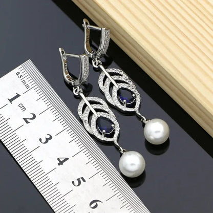 Freshwater Pearls Silver 925 Bridal Jewelry Sets Blue sapphire Beads Women Wedding Earrings/Pendant/Necklace/Ring/Bracelet