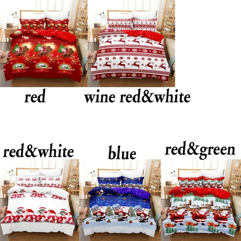 3Pcs/Set Christmas Duvet Cover Pillowcase Set,Christmas Holiday Decorative Comforter Cover Set Red with Christmas Reindeer and Snowflake Patterns Pillowcase (Quilt, pillow heart not included)
