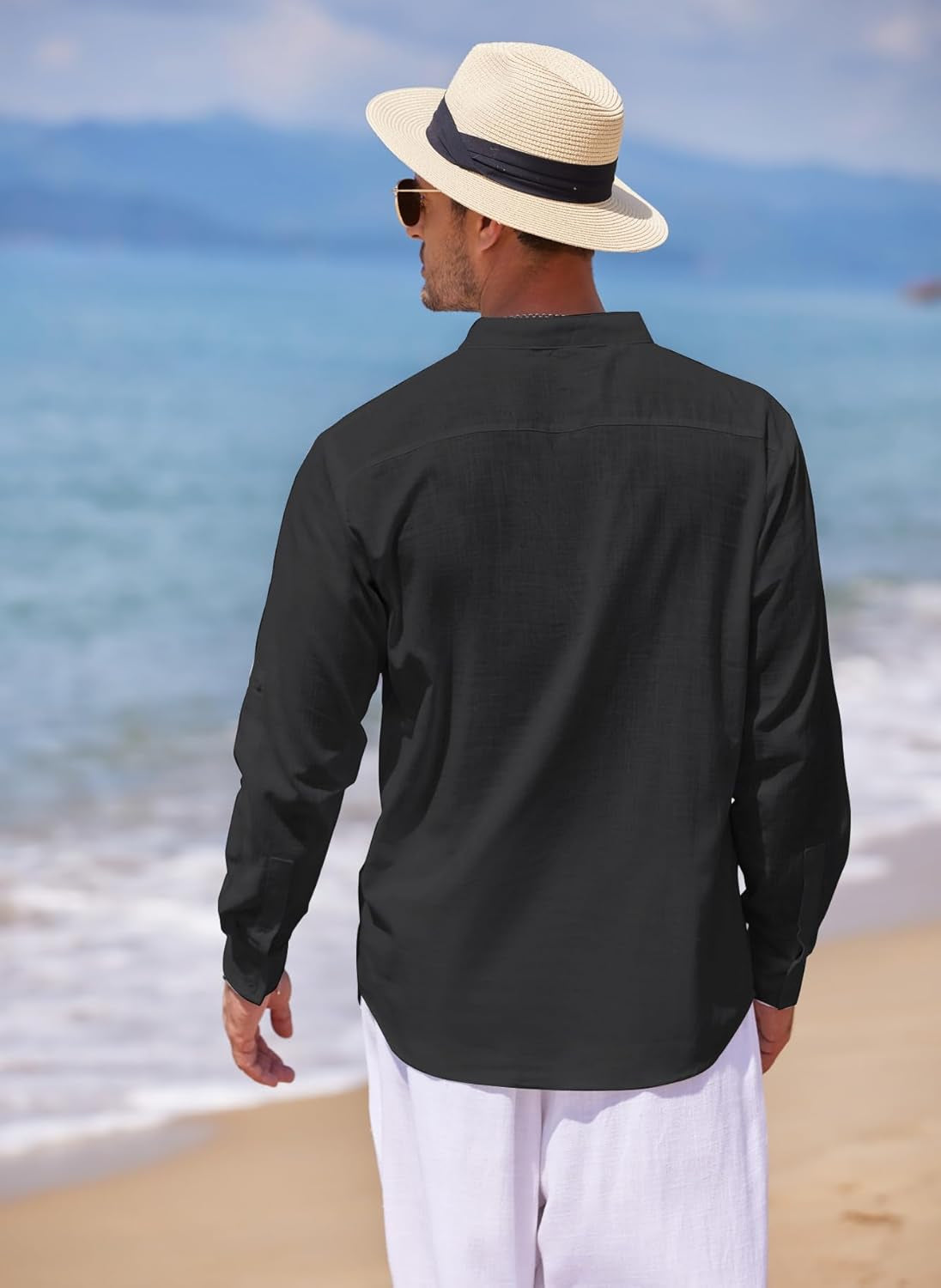 Men'S Cotton Linen Henley T-Shirts Long Sleeve Hippie Casual Beach T-Shirts