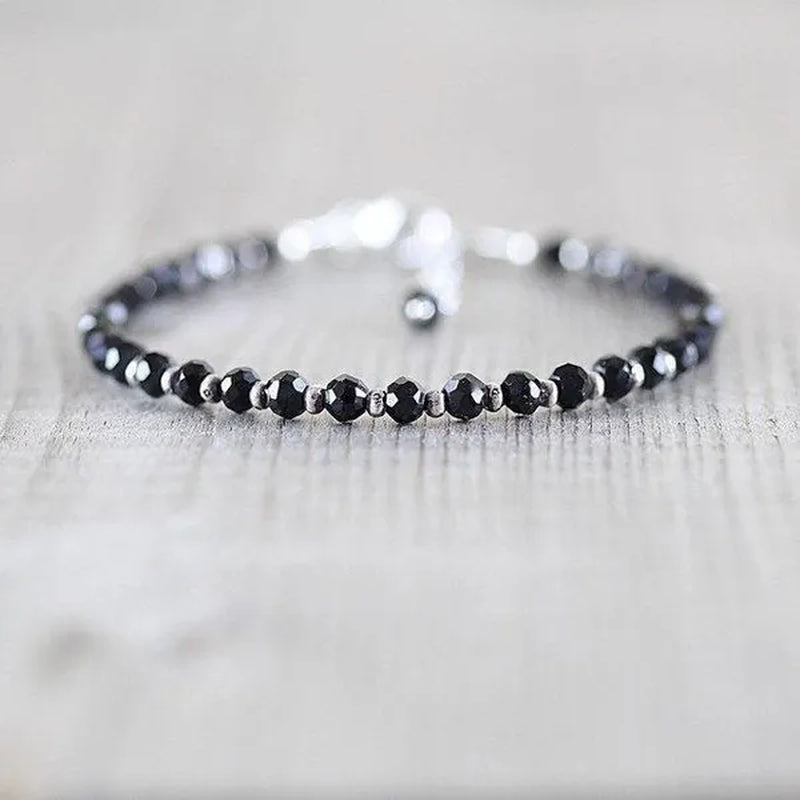 Black Spinel, Sterling & Karen Hill Tribe Silver Bracelet Boho Beaded Gemstone Bracelet Dainty Stacking Bracelet