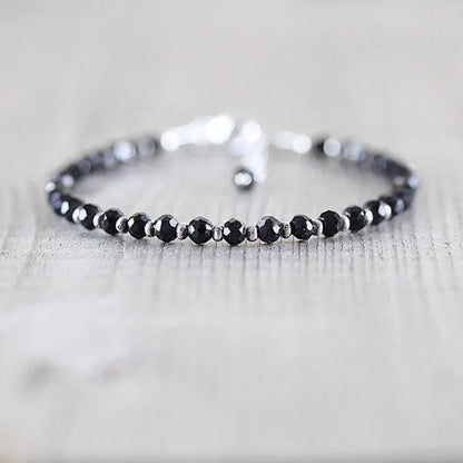 Black Spinel, Sterling & Karen Hill Tribe Silver Bracelet Boho Beaded Gemstone Bracelet Dainty Stacking Bracelet