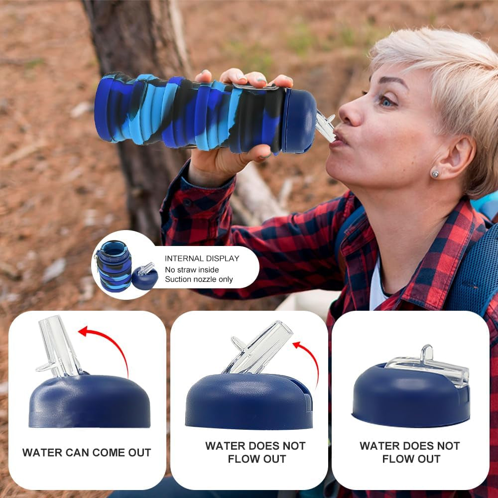 2Pack Silicone Collapsible Water Bottles, Leakproof 16Oz Portable Foldable Expandable Water Bottle Sports Cups with Straw,Bpa Free, for Outdoor Gym Travel(Blue+Rose Red)