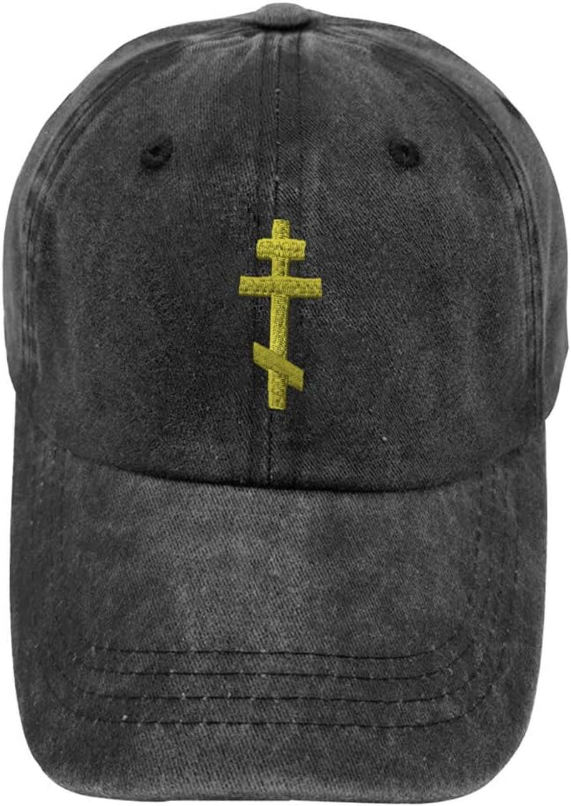 Vintage Washed Hat Russian Orthodox Cross Embroidery Cotton Dad Hats for Men & Women Buckle Closure Black Design Only