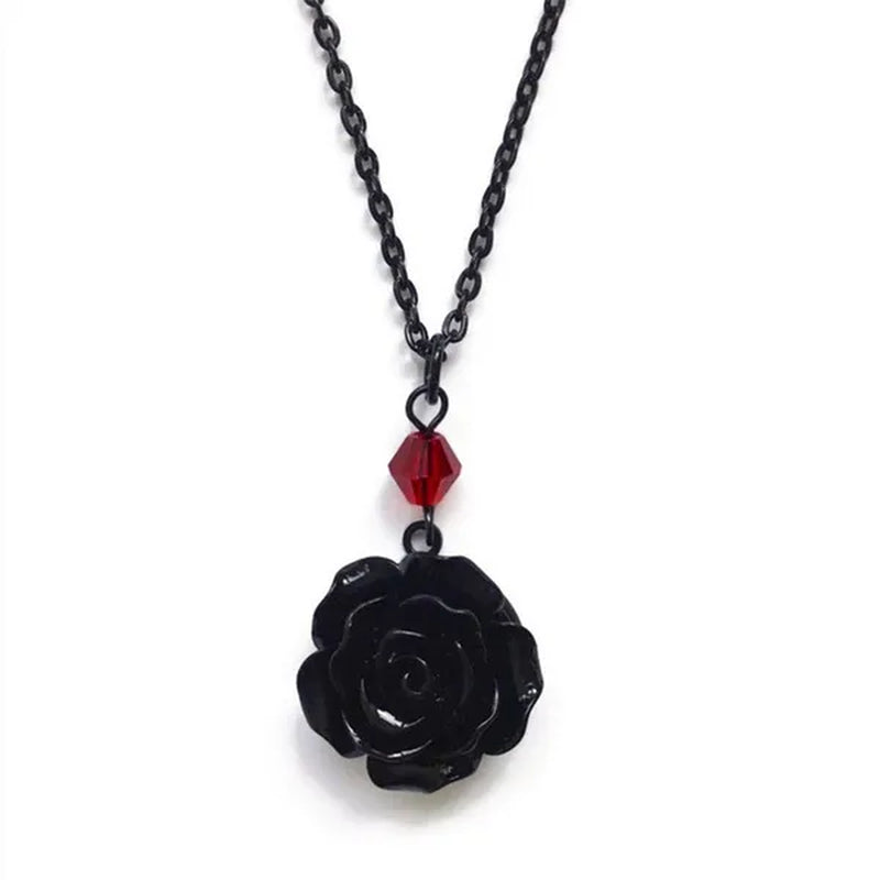 Black Rose Gothic Necklace with Red Bead, Victorian Pendant, Gothic Jewelry, Romantic Valentine Gift For Girlfriend, Alternative