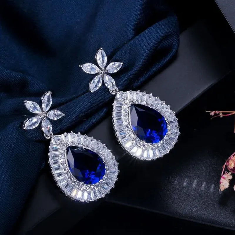 CANDICE Luxurious CZ Wedding 4 Pcs Set For Bridal Sparkling Water Drop Blue Zirconia White Gold Plated Necklace Earrings Bracelet Ring Sets