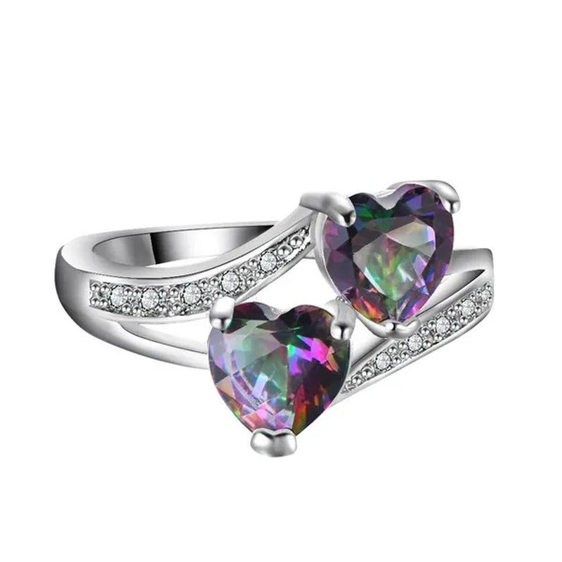 Birthstone rings...romantic double heart cut gemstone blue white opal rainbow topaz crystal ring white gold jewelry