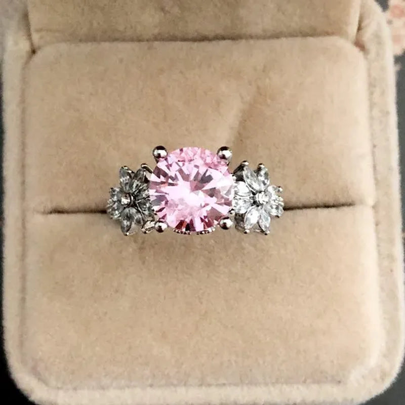 Women 925 Silver Plated Pink CZ Sapphire Wedding Birthstone Bride Flower Jewelry Ring Size 6-10