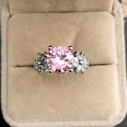 Women 925 Silver Plated Pink CZ Sapphire Wedding Birthstone Bride Flower Jewelry Ring Size 6-10
