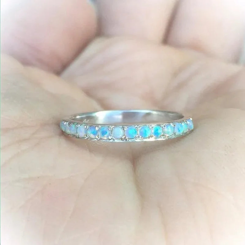 Women's Fashion Exquisite 925 Sterling Silver Natural White Opal Eternity Diamond Ring Elegant Female Birthday Party Jewelry Romantic Princess Proposal Engagement Anniversary Gift Stackable Rings for Women Bride Wedding Band Size 4-12 Bague Femme