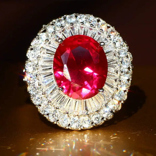 Huge  Silver Ruby & White Sapphire Birthstone Gemstones Engagement Wedding Anniversary Flower Ring