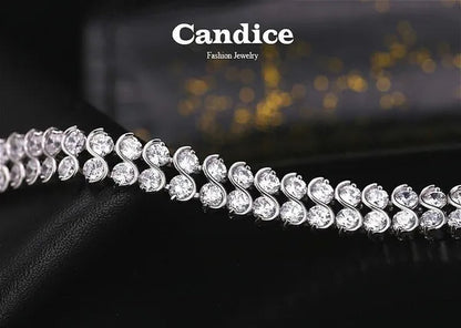 CANDICE Elegant 2 Row Cubic Zirconia Design Sterling Silver Plated Tennis Bracelet& Bangle for Women Gift