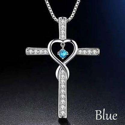 Infinity Love God We Trust Christian Cross Birthstone Diamond Rhinestone Pendant Necklace Birthday Gifts Jewelry For Women Christmas Girls