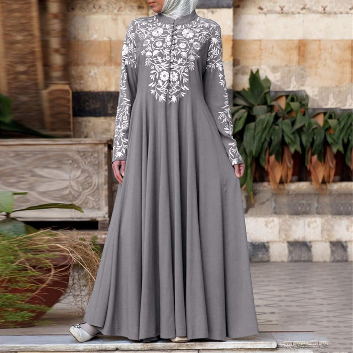 Abayas for Women Muslim Chiffon Prayer Robe Burkas for Women Muslim Dress Vintage Printed Full Length Islamic Abaya Set Long Sleeve Flowy Abaya Dubai Islam Robe African Turkey Caftan Grey 2X