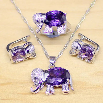 Elephant Shaped Purple Amethyst White Topaz 925 Sterling Silver Jewelry Sets Women Earrings/Pendant/Necklace/Rings