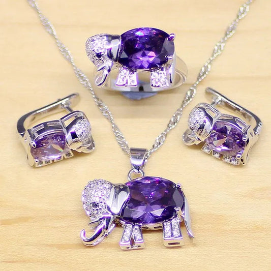 Elephant Shaped Purple Amethyst White Topaz 925 Sterling Silver Jewelry Sets Women Earrings/Pendant/Necklace/Rings