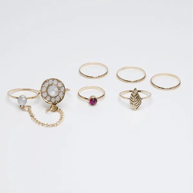 7Pcs Fashion Elegant Retro Inlaid Ruby Chain Ring Set(Color: Gold)