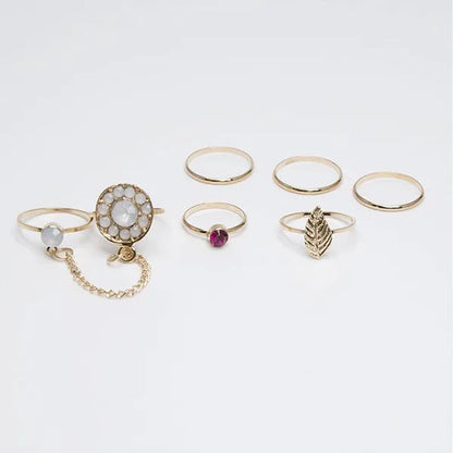 7Pcs Fashion Elegant Retro Inlaid Ruby Chain Ring Set(Color: Gold)