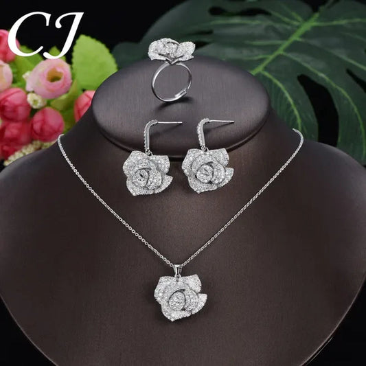 CANDICE Exquisite Banquet Party Jewelry Set for Women White Gold Plated Micro Inlaid AAA CZ Rose Flower Drop Necklace Silver Plated Earrings with Adjustable Ring