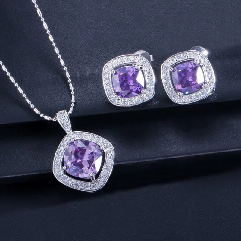 CANDICE Brand Design Luxury Wedding Jewelry Sets Sterling Silver Plated Necklace Earrings Set Inlay Big Pink Princess Crystal For Birdesmaid