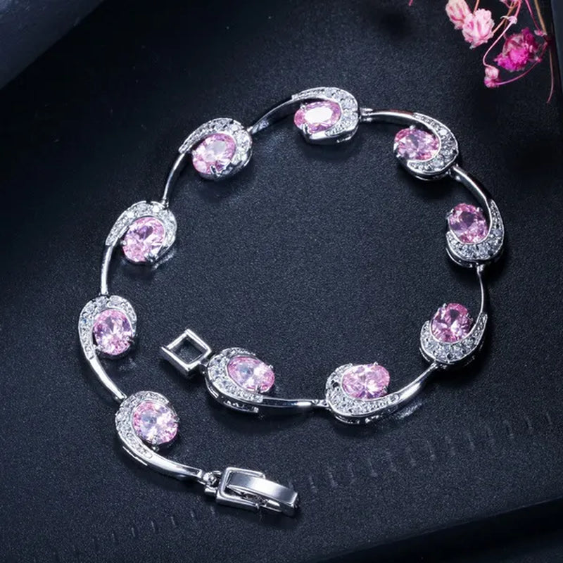 CANDICE Hot Sale Silver Hand Jewelry Classic Oval Red Crystal White Zircon Peacock Tennis Bracelet Bangle for Women Gift 18cm