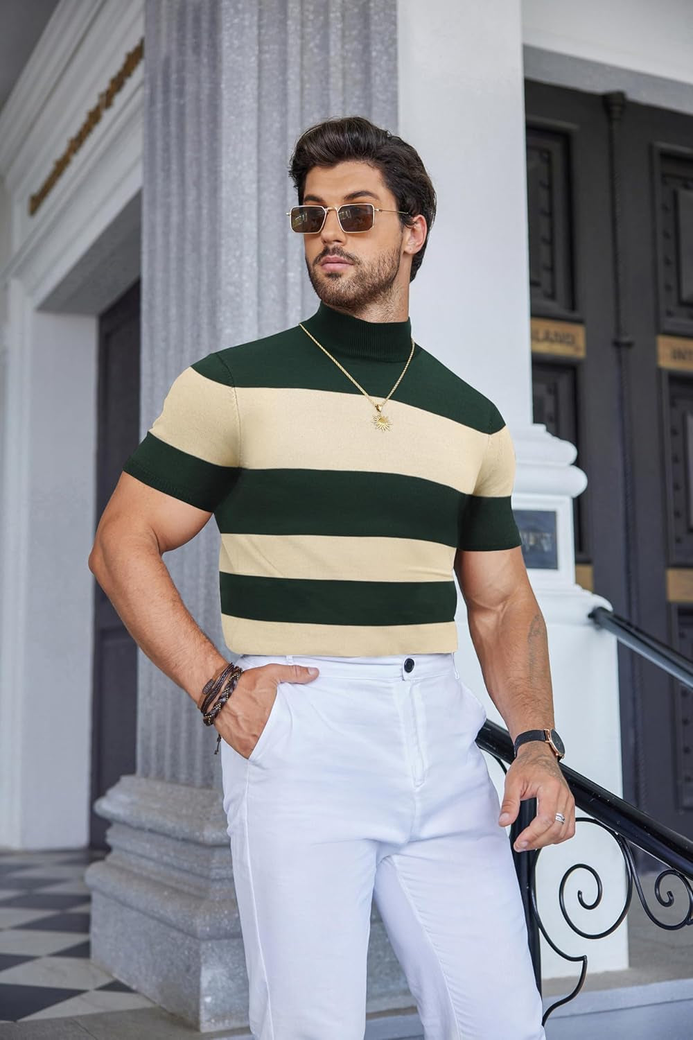 Mens Mock Turtleneck Sweater Short Sleeve Casual Dress Sweater Slim Fit Pullover Basic Knit Tee