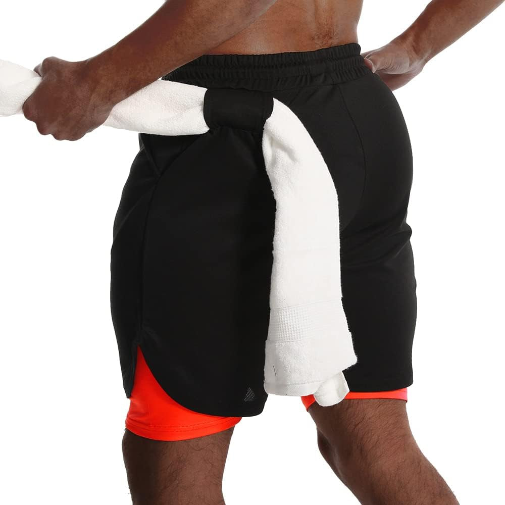 Mens 2 in 1 Running Shorts Quick Dry Gym Athletic Workout Shorts with Compression Liner