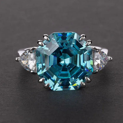 2022 New Style Octagon Cut Sea Blue Sapphire Side Stone Lab Diamond Silver Plated Gemstone Rings for Women Aquamarine Ring
