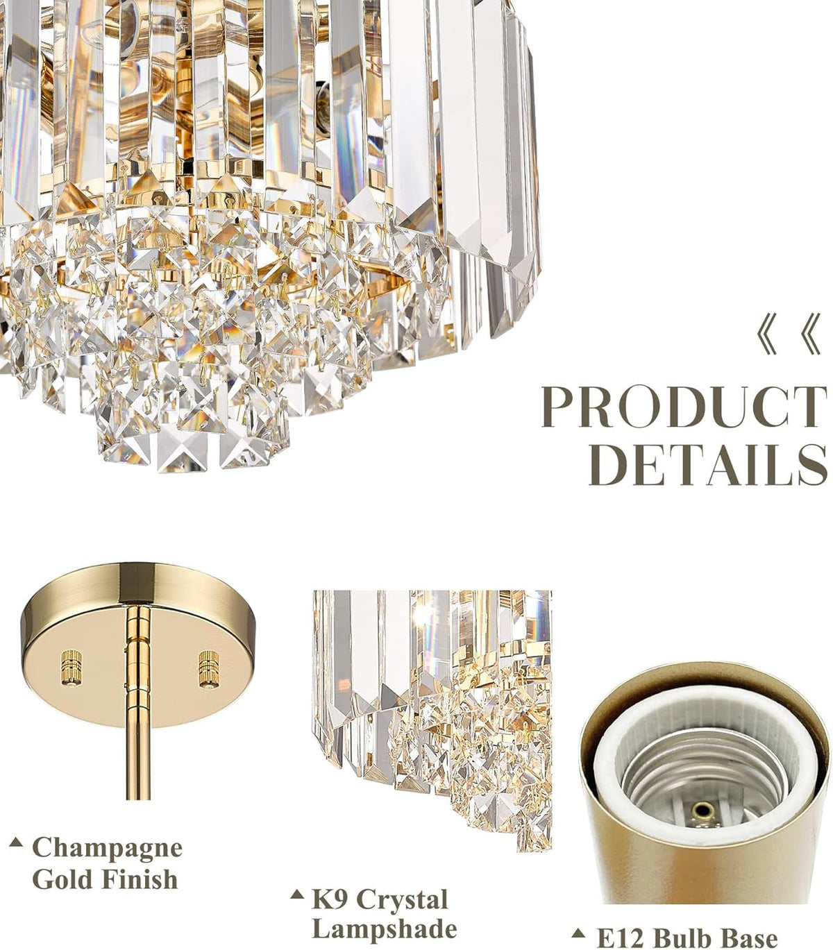 Gold Chandelier, 4-Tier Crystal Chandelier, Modern Pendant Light for Dinning Room Kitchen Island Bedroom Entryway, CC4215-3W-G