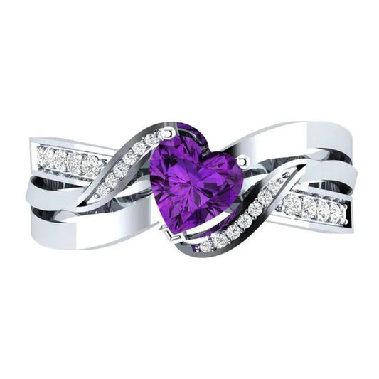 Fashion Heart Cut Purple Natural Amethyst & Diamond Ring Jewelry for Women