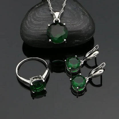 925 Sterling Silver Jewelry Sets Green Emerald Earrings Ring Pendant Neckalce Round Jewelry Women Accessories