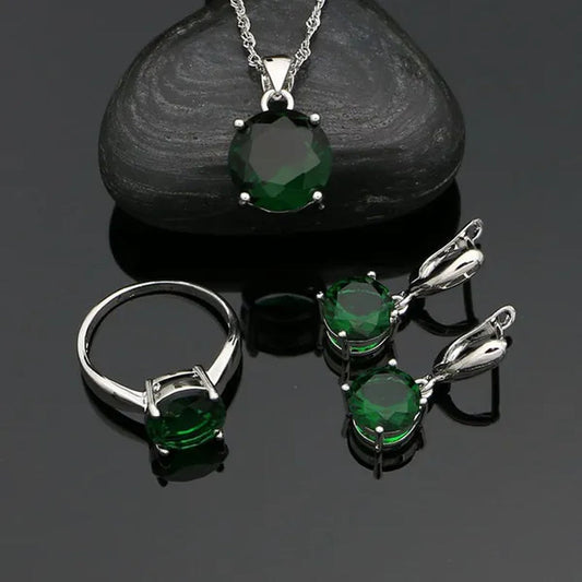 925 Sterling Silver Jewelry Sets Green Emerald Earrings Ring Pendant Neckalce round Jewelry Women Accessories