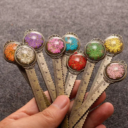 1 PCS Vintage Retro Dried Flower Metal Bookmarks Multifunctional Ruler Bookmark Bookmarks Classical
