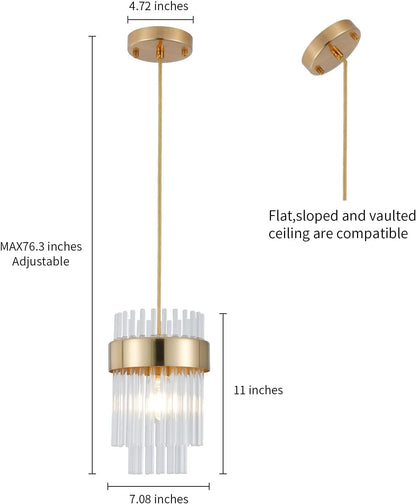Gold Pendant Lights Kitchen Island,1-Light Crystal Pendant Light Fixtures over Island,Modern Brass Mini Chandelier for Dining Room, Adjustable Cord Hanging Lights for Bedroom,Bar,Sink,Entryway