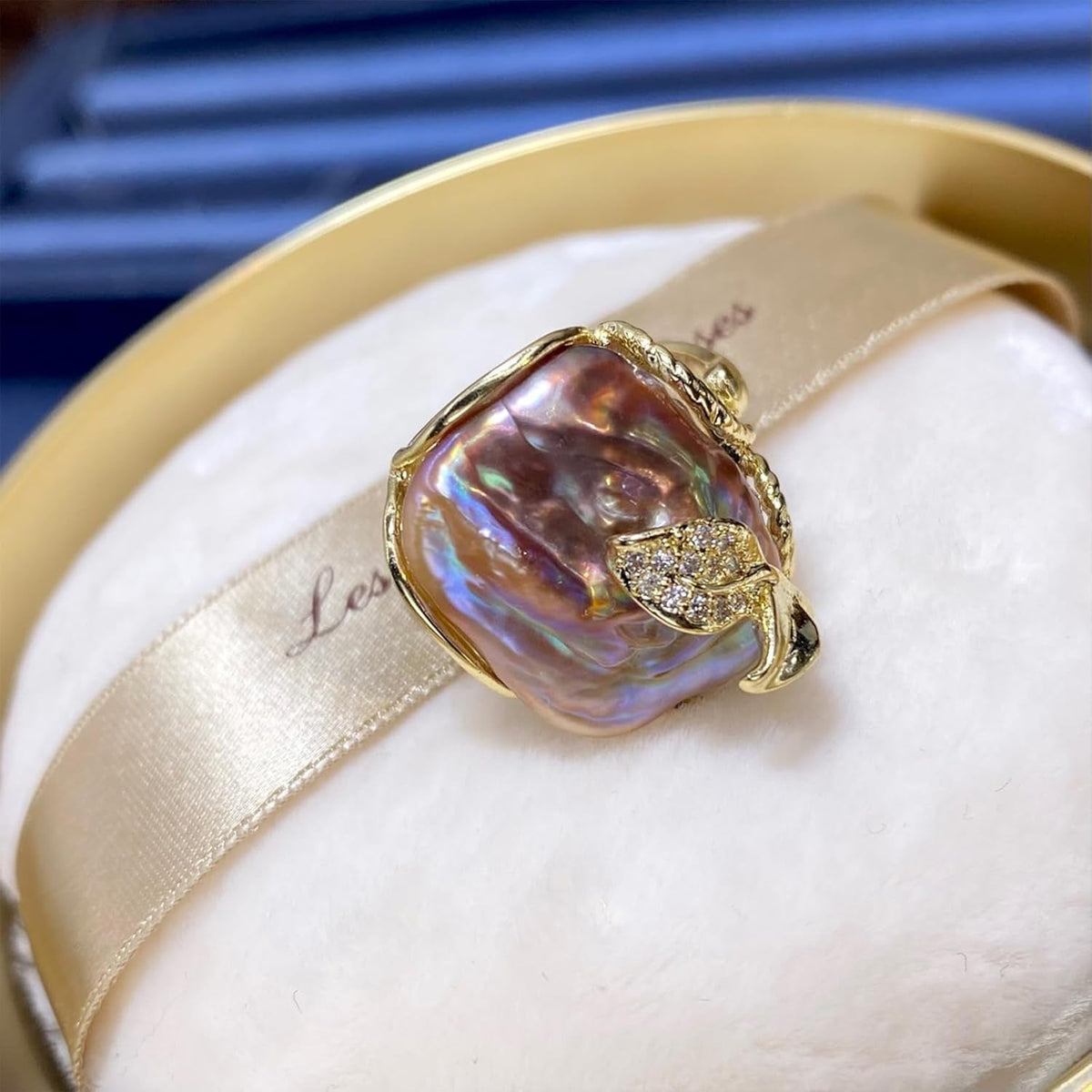 Irregular Pearl Ring, Baroque Pearl Leaf Shape Rhinestone Ring, Gold Vintage Pearl Stacking Ring, Open End Adjustable Statement Ring, Fashion Jewelry Ring Gift for Women