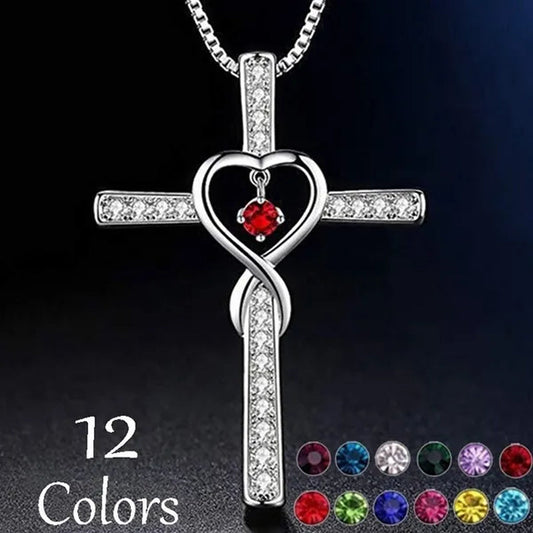 Infinity Love God We Trust Christian Cross Birthstone Diamond Rhinestone Pendant Necklace Birthday Gifts Jewelry For Women Christmas Girls