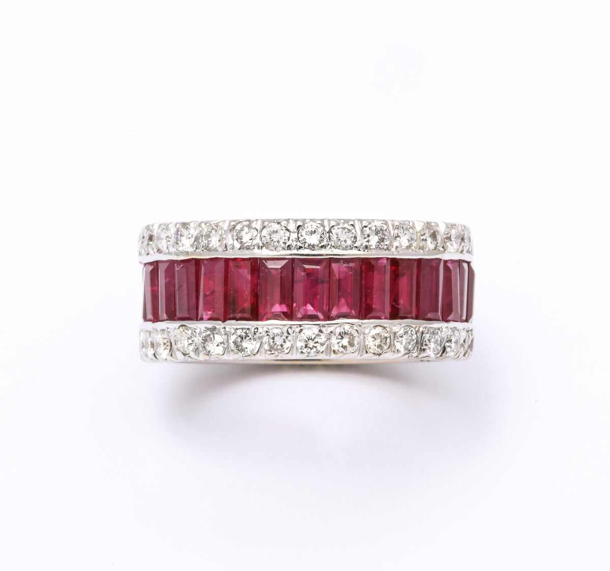 Luxurious 18k White Gold Baguette Ruby and Diamond Band Ring