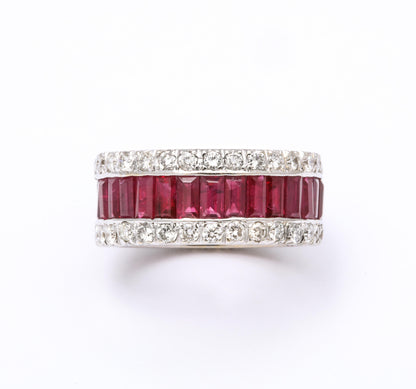 Luxurious 18k White Gold Baguette Ruby and Diamond Band Ring