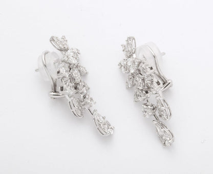 Exquisite 4.14 Carat Diamond Cluster Dangle Earrings 18k White Gold