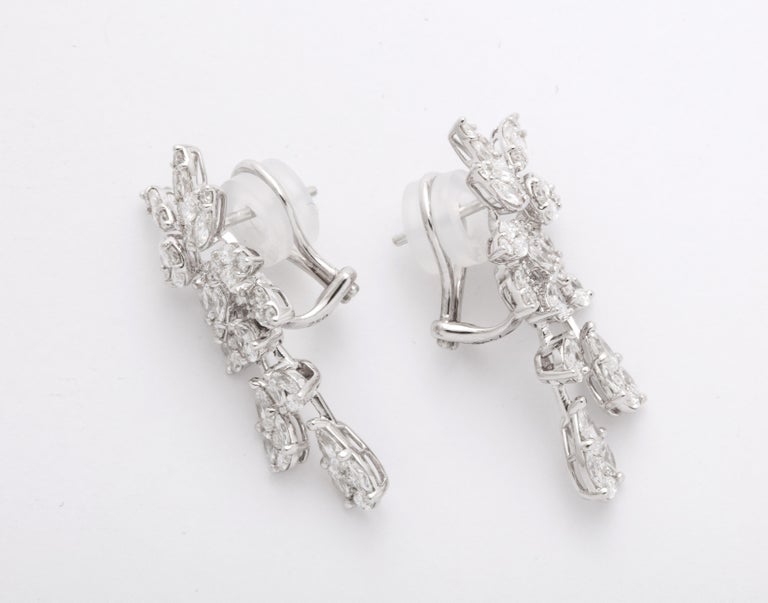 Exquisite 4.14 Carat Diamond Cluster Dangle Earrings 18k White Gold