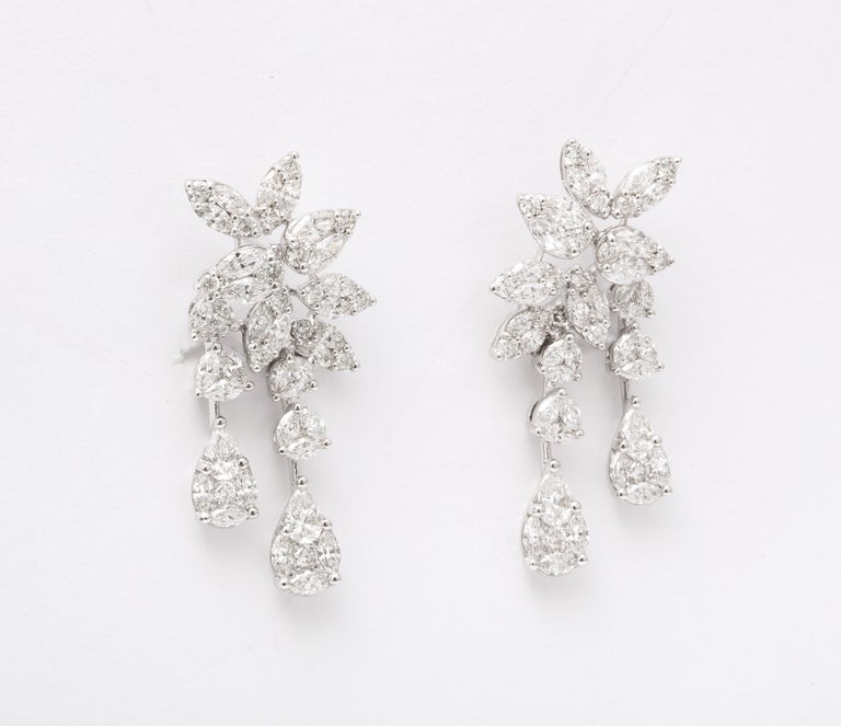 Exquisite 4.14 Carat Diamond Cluster Dangle Earrings 18k White Gold