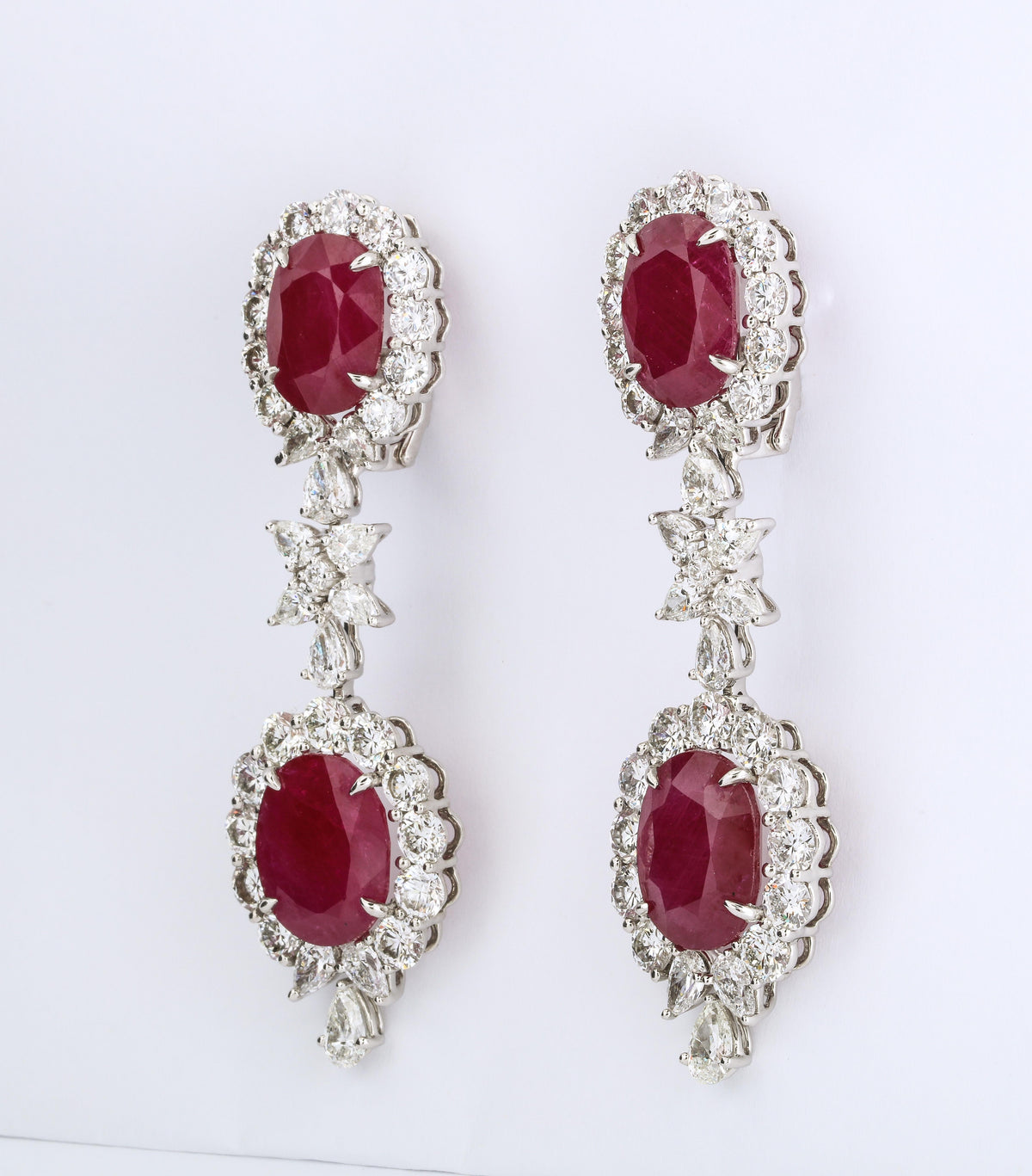 Handcrafted 37 Carat Intense Red Ruby and Diamond Platinum Drop Earrings