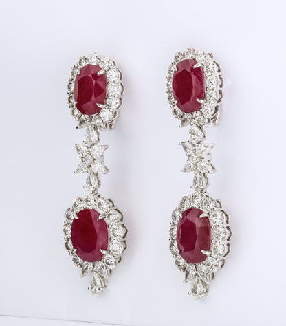 Handcrafted 37 Carat Intense Red Ruby and Diamond Platinum Drop Earrings