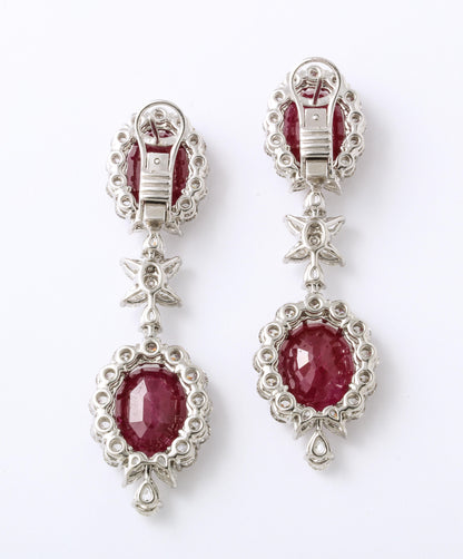 Handcrafted 37 Carat Intense Red Ruby and Diamond Platinum Drop Earrings