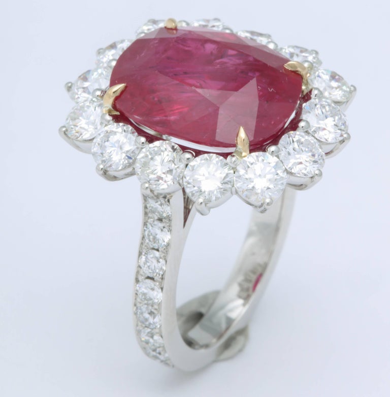 Intense Red 10 Carat Ruby Cushion Cut Diamond Platinum Cocktail Ring