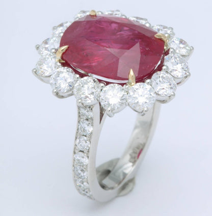 Intense Red 10 Carat Ruby Cushion Cut Diamond Platinum Cocktail Ring