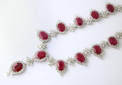 Important Intense Red Ruby and Diamond Platinum Drop Necklace